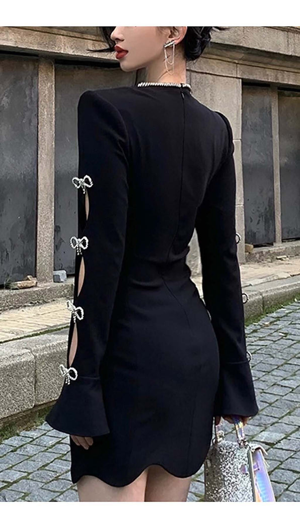 RHINESTONE BOW-EMBELLISHED MINI DRESS IN BLACK DRESS ohcici 