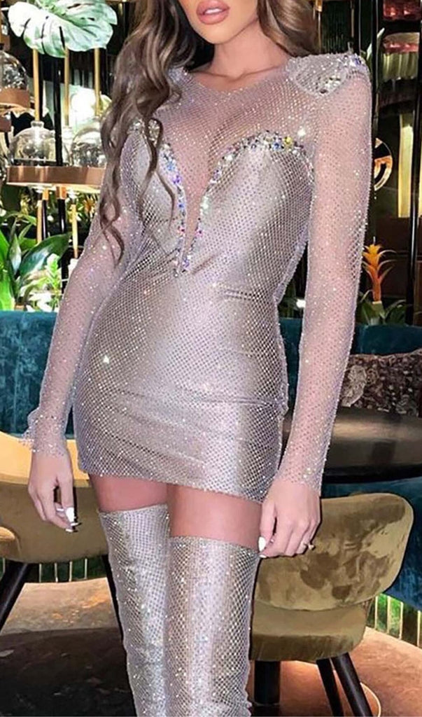 RHINESTONE MESH MINI DRESS IN SLIVER DRESS oh cici 