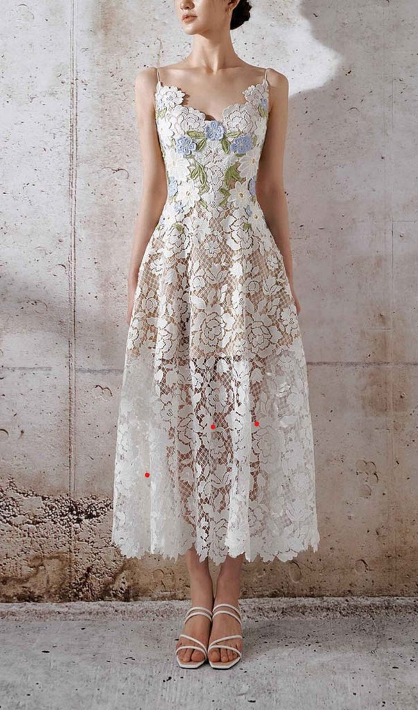 ROSES LACE A-LINE MIDI DRESS IN WHITE DRESS ohcici 