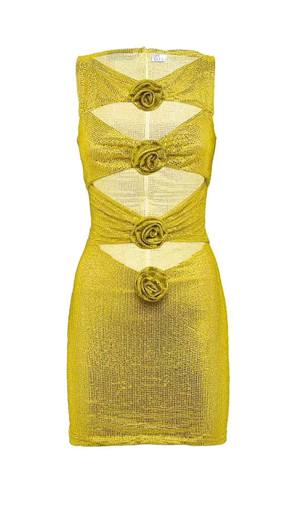 ROSETTE CUT OUT EMBELLISHED MINI DRESS IN YELLOW DRESS OH CICI 
