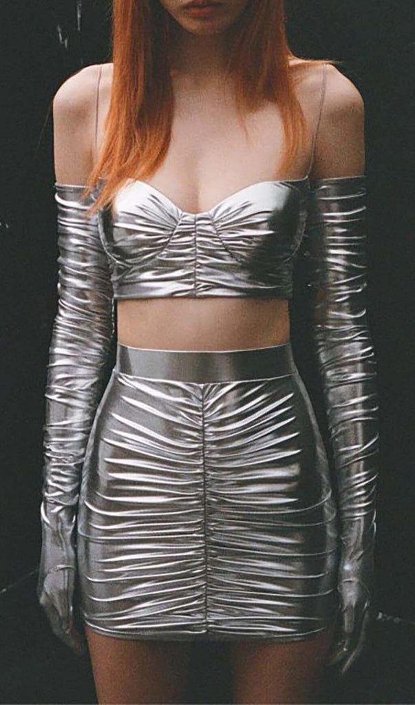 RUCHED BRALETTE AND SKIRT SET IN SLIVER OH CICI 