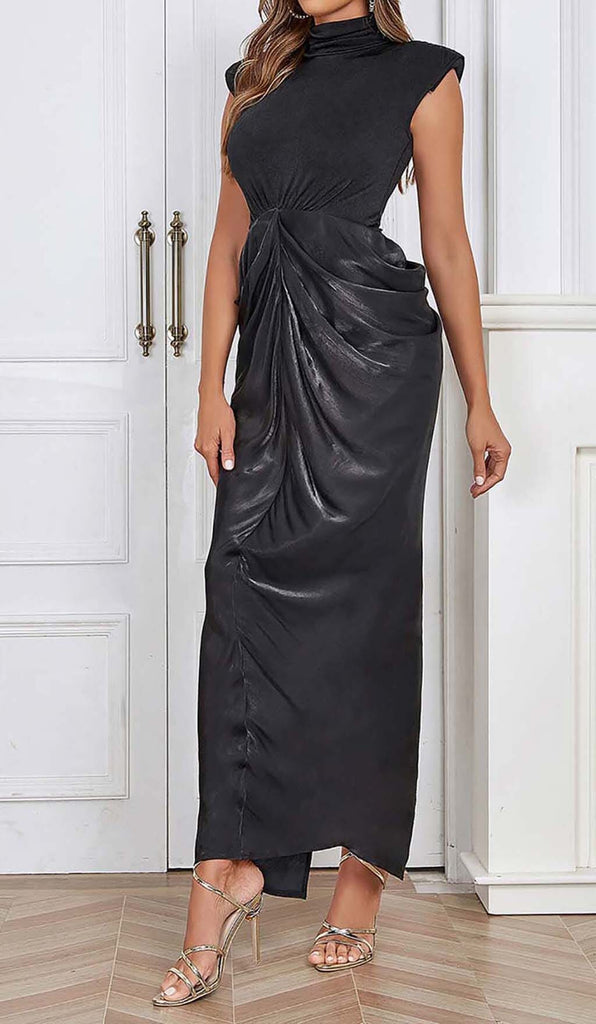 RUCHED OFF SLEEVE MAXI DRESS IN BLACK DRESS OH CICI 