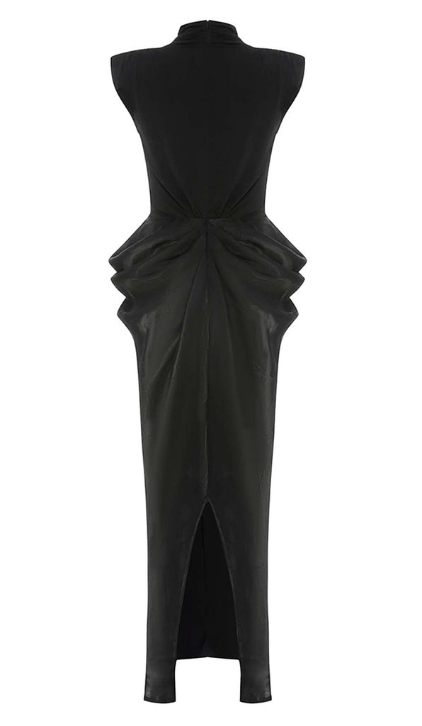 RUCHED OFF SLEEVE MAXI DRESS IN BLACK DRESS OH CICI 