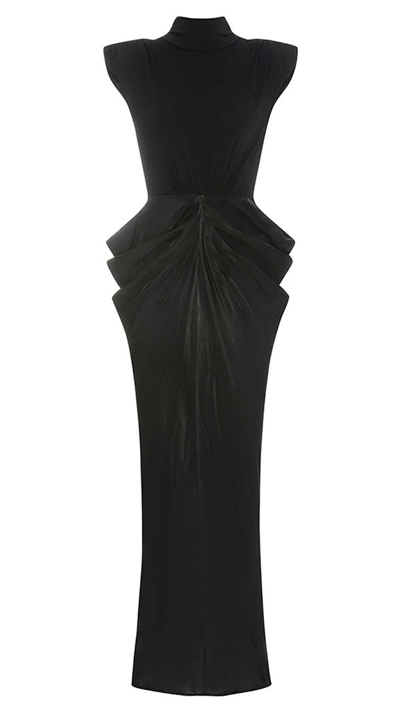 RUCHED OFF SLEEVE MAXI DRESS IN BLACK DRESS OH CICI 