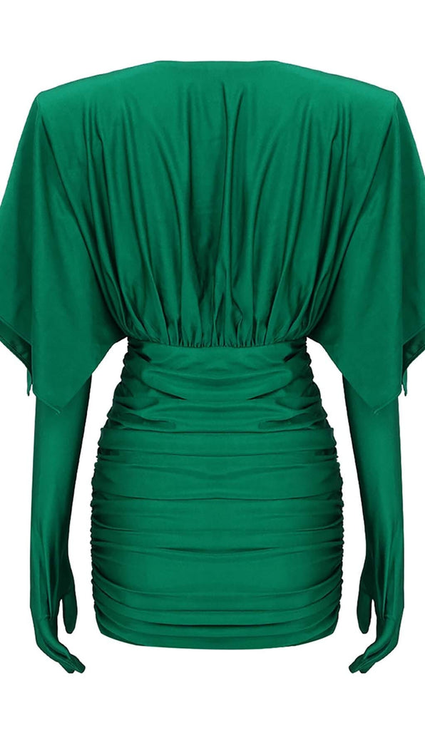 RUCHED SATIN MINI DRESS IN GREEN OH CICI