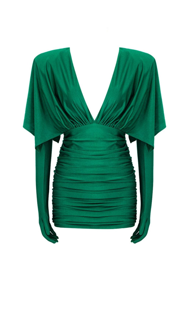 RUCHED SATIN MINI DRESS IN GREEN OH CICI