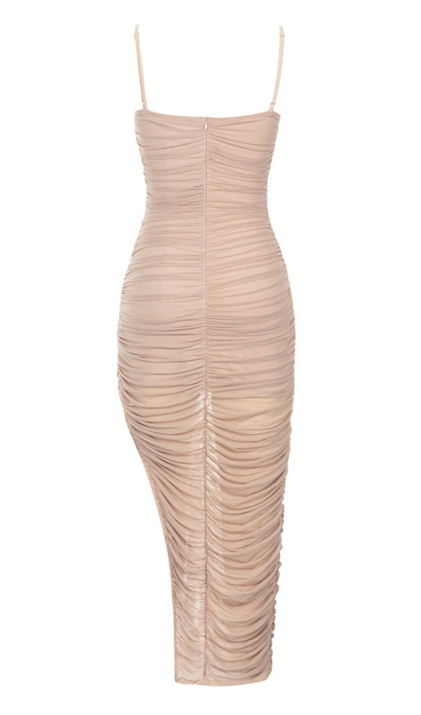 RUCHED BODYCON MIDI DRESS IN TAUPE DRESS OH CICI 