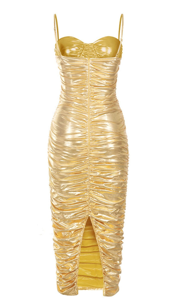 RUCHED STRAPPY MIDI DRESS IN GOLD DRESS OH CICI 