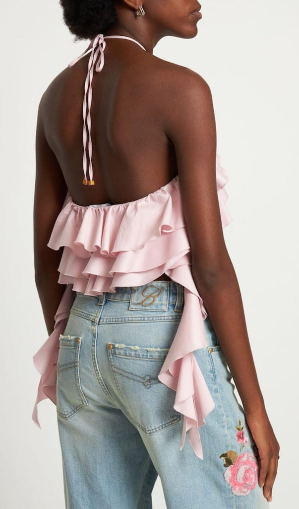 RUFFLE-DETAIL HALTER CROP TOP IN PINK DRESS oh cici 