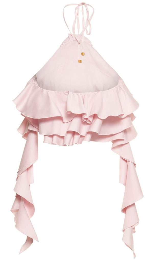 RUFFLE-DETAIL HALTER CROP TOP IN PINK DRESS oh cici 