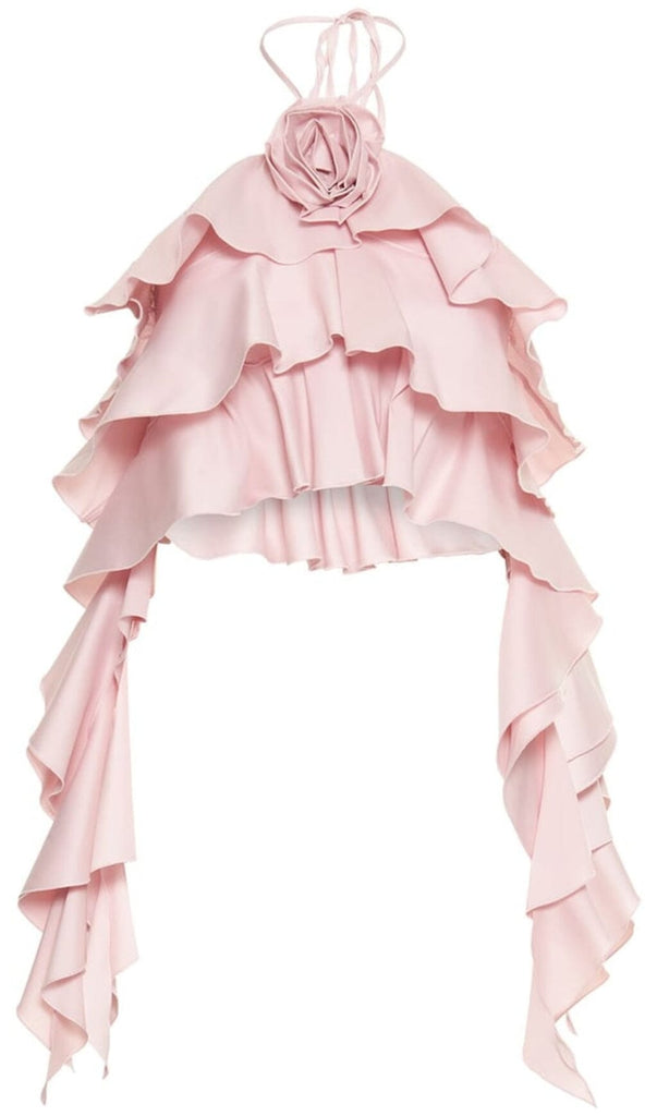 RUFFLE-DETAIL HALTER CROP TOP IN PINK DRESS oh cici 