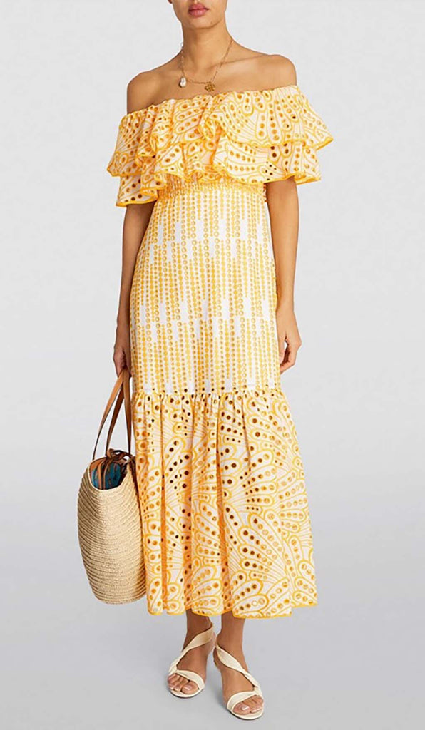 RUFFLE COLD SHOULDER MIDI DRESS IN YELLOW DRESS OH CICI 