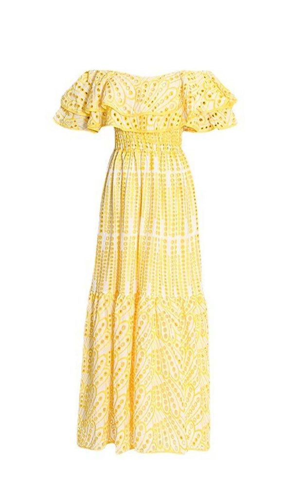 RUFFLE COLD SHOULDER MIDI DRESS IN YELLOW DRESS OH CICI S YELLOW 