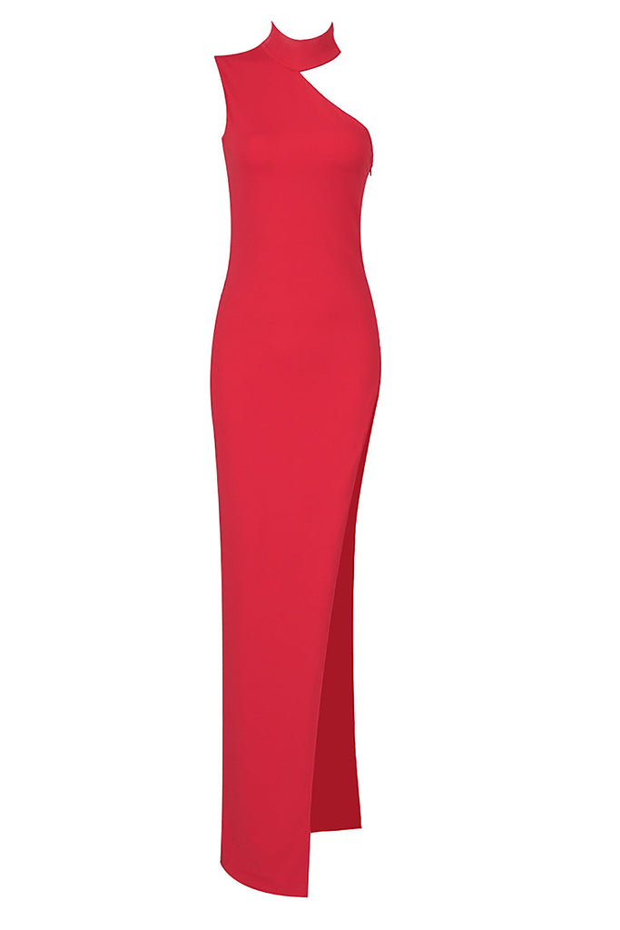 Red O Neck One Shoulder Sleeveless High Split Maxi Dress-Dresses-Oh CICI SHOP
