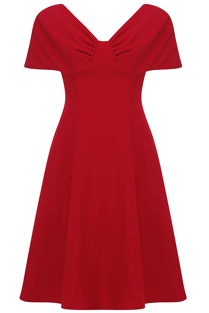RED OFF SHOULDER PLEATED A LINE DRESS-Dresses-Oh CICI SHOP