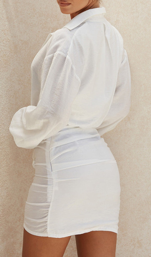WHITE LONG SLEEVE SHIRT DRESS-Dresses-Oh CICI SHOP
