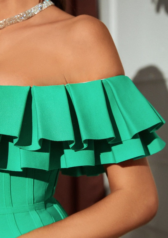 Off Shoulder Ruffles Green Mini Bandage Dress-Oh CICI SHOP