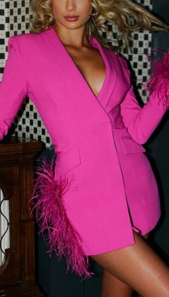 FEATHER JACKET DRESS IN HYPER PINK-Oh CICI SHOP