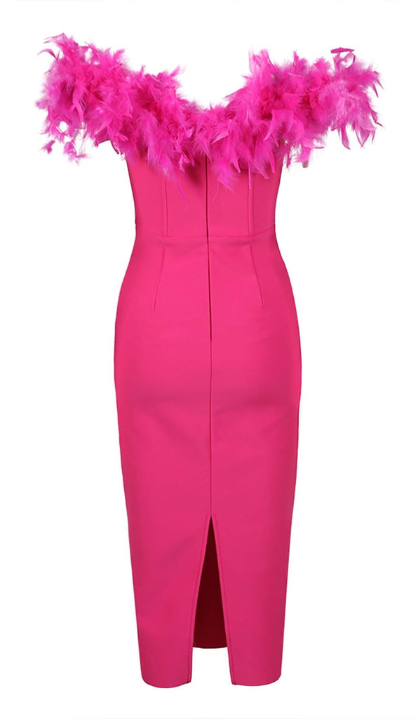 FEATHER PLUNGE MIDI DRESS IN ROSE DRESS OH CICI