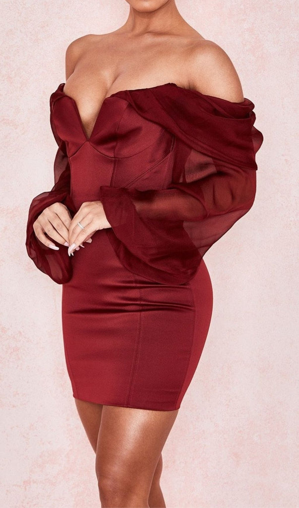 SATIN STRAPLESS MINI DRESS IN WINE RED-Dresses-Oh CICI SHOP