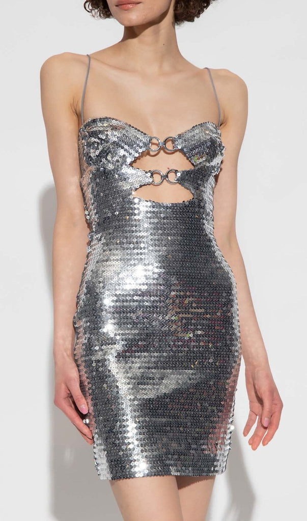 SEQUIN CUTOUT DRAPED MINI DRESS IN METALLIC SILVER OH CICI