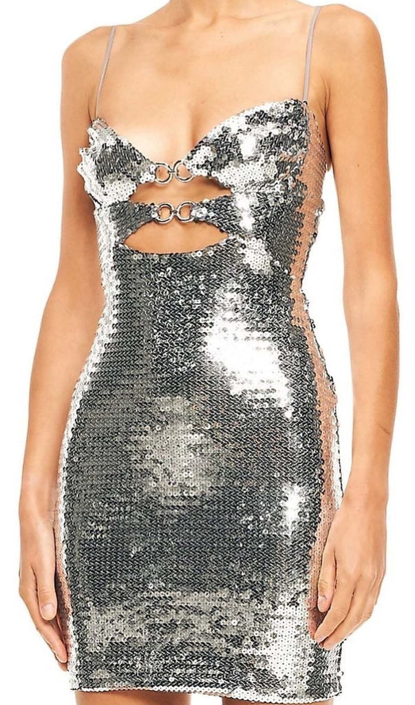 SEQUIN CUTOUT DRAPED MINI DRESS IN METALLIC SILVER OH CICI