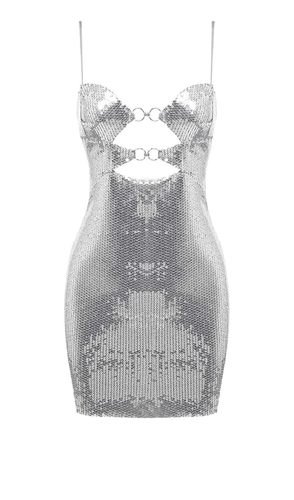 SEQUIN CUTOUT DRAPED MINI DRESS IN METALLIC SILVER OH CICI