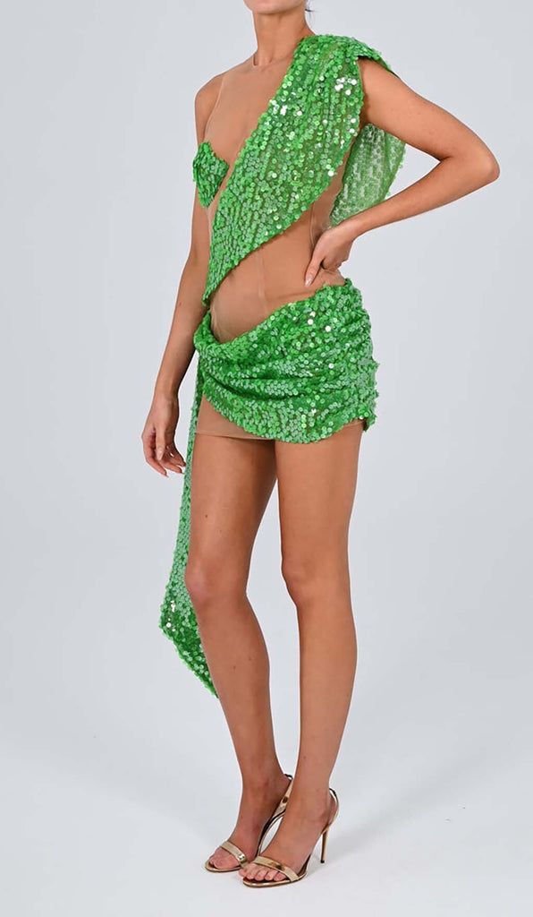 SEQUIN DRAPE MESH MINI DRESS IN EMERALD DRESS OH CICI 