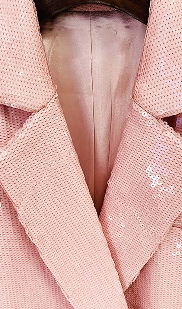 SEQUINED DOUBLE BREASTED LONG BLAZER IN PINK OH CICI 