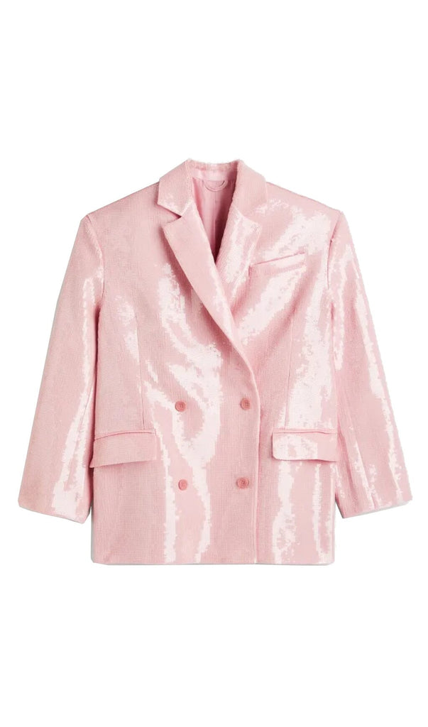 SEQUINED DOUBLE BREASTED LONG BLAZER IN PINK OH CICI 