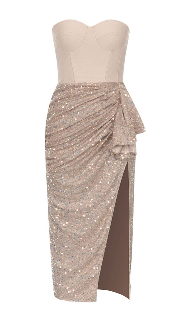 SEQUIN RUCHED SLIT MIDI DRESS IN GOLD DRESS oh cici 