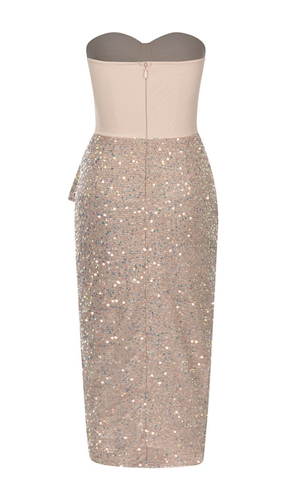 SEQUIN RUCHED SLIT MIDI DRESS IN GOLD DRESS oh cici 