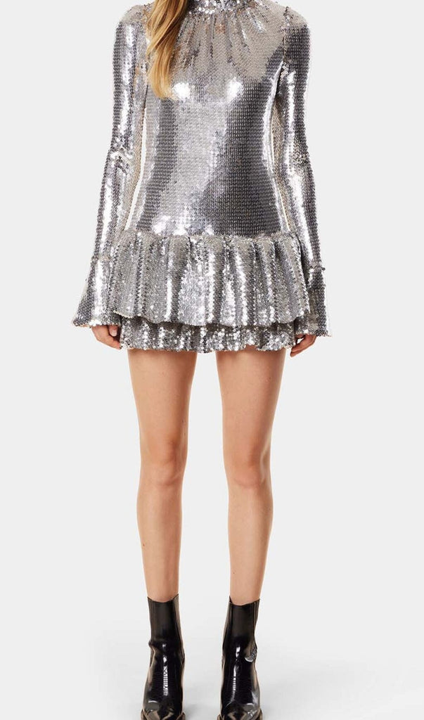 SEQUIN RUFFLE MINI DRESS IN METALLIC SILVER DRESS oh cici 