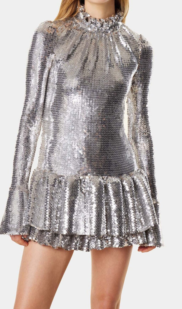 SEQUIN RUFFLE MINI DRESS IN METALLIC SILVER DRESS oh cici 