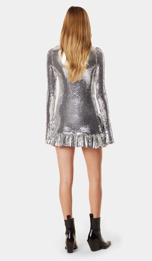 SEQUIN RUFFLE MINI DRESS IN METALLIC SILVER DRESS oh cici 