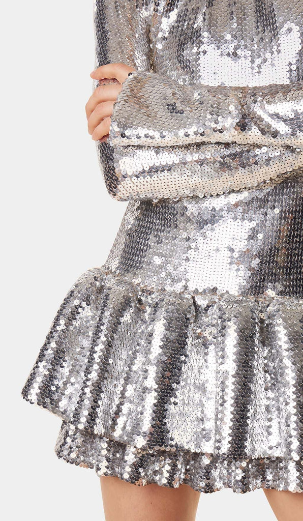 SEQUIN RUFFLE MINI DRESS IN METALLIC SILVER DRESS oh cici 