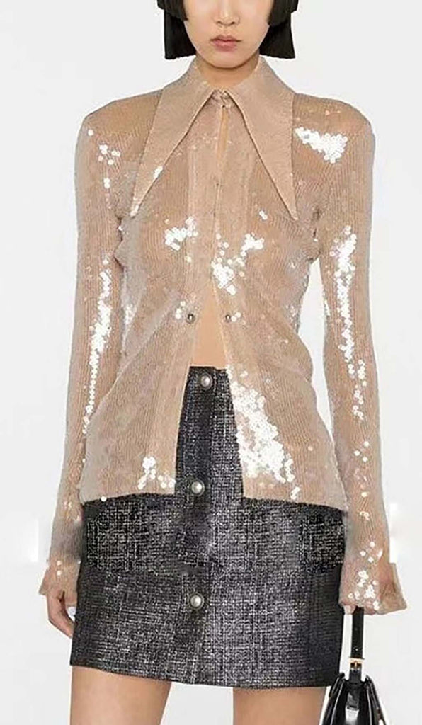 SEQUIN-EMBELLISHED SHIRT IN METALLIC GOLD DRESS oh cici 