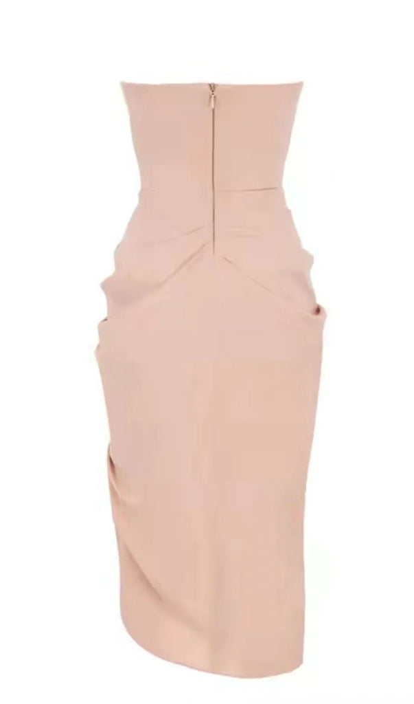 SILK STRAPLESS RUCHED MIDI DRESS IN PINK-Dresses-Oh CICI SHOP