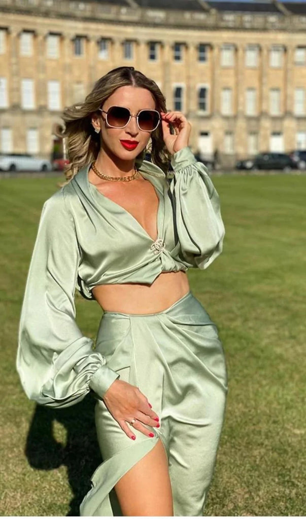 SILKY SATIN DRAPED TWO PIECE SET IN GREEN-Dresses-Oh CICI SHOP