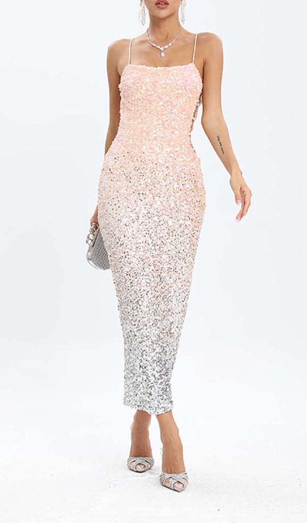 SPAGHETTI STRAP SEQUIN MIDI DRESS IN OMBRE PINK DRESS OH CICI 