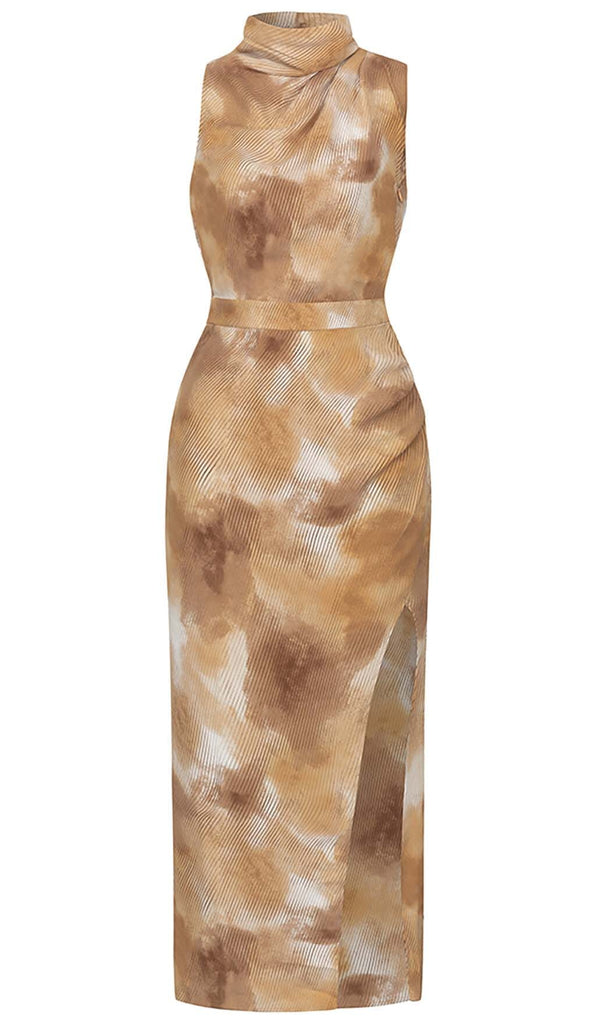 SPOT-PRINT THIGH SLIT MIDI DRESS IN COFFEE BEANS DRESS OH CICI 