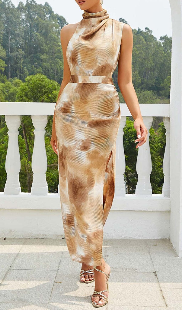 SPOT-PRINT THIGH SLIT MIDI DRESS IN COFFEE BEANS DRESS OH CICI 