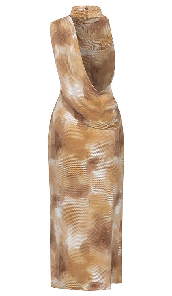 SPOT-PRINT THIGH SLIT MIDI DRESS IN COFFEE BEANS DRESS OH CICI 