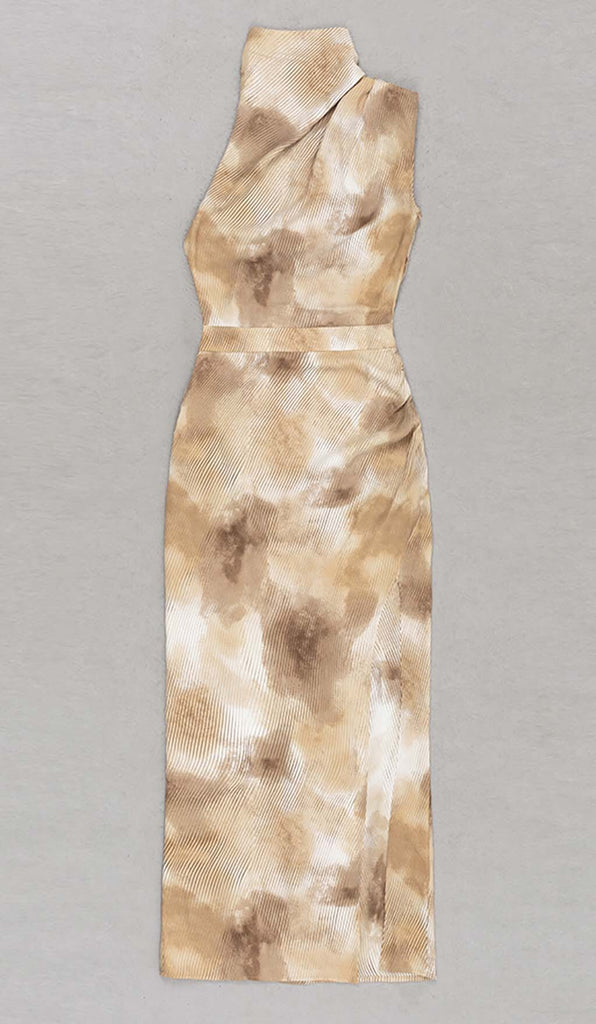 SPOT-PRINT THIGH SLIT MIDI DRESS IN COFFEE BEANS DRESS OH CICI 