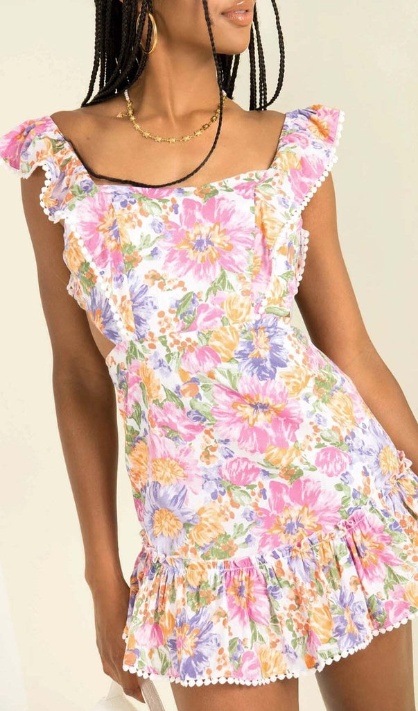 SQUARE NECK FLORAL RUFFLED MINI DRESS IN PINK DRESS OH CICI 