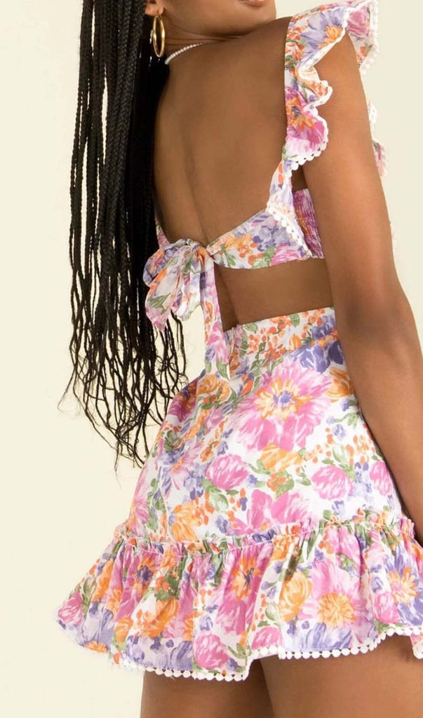 SQUARE NECK FLORAL RUFFLED MINI DRESS IN PINK DRESS OH CICI 