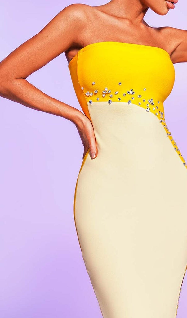 STRAPLESS BANDAGE MIDI DRESS IN YELLOW DRESS OH CICI 