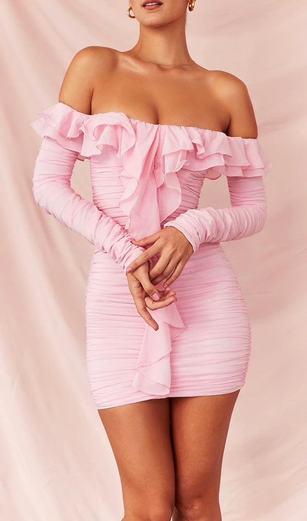 STRAPLESS RUCHED MINI DRESS IN PINK-Dresses-Oh CICI SHOP