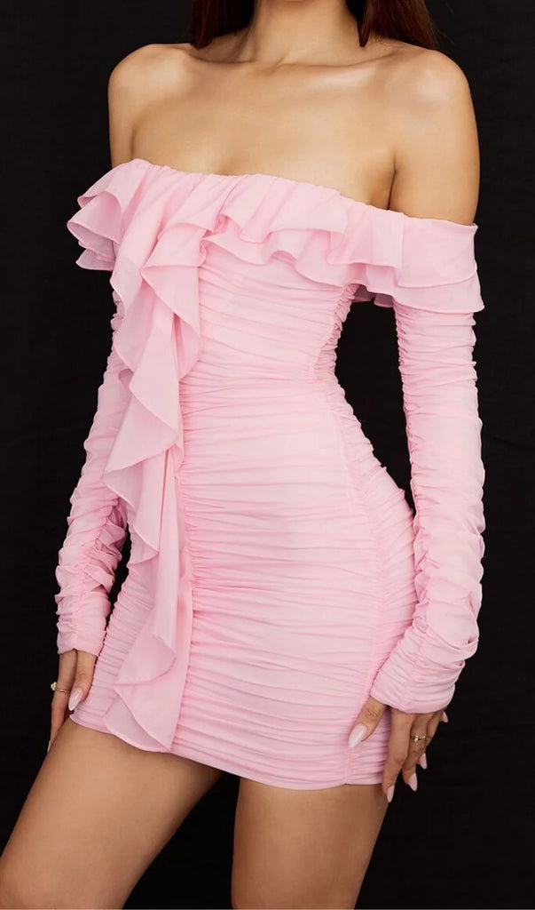 STRAPLESS RUCHED MINI DRESS IN PINK-Dresses-Oh CICI SHOP