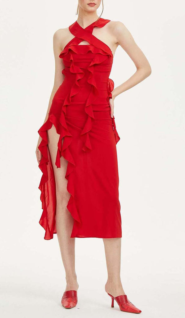STRAPLESS RUFFLE SLIT MIDI DRESS IN RED DRESS OH CICI